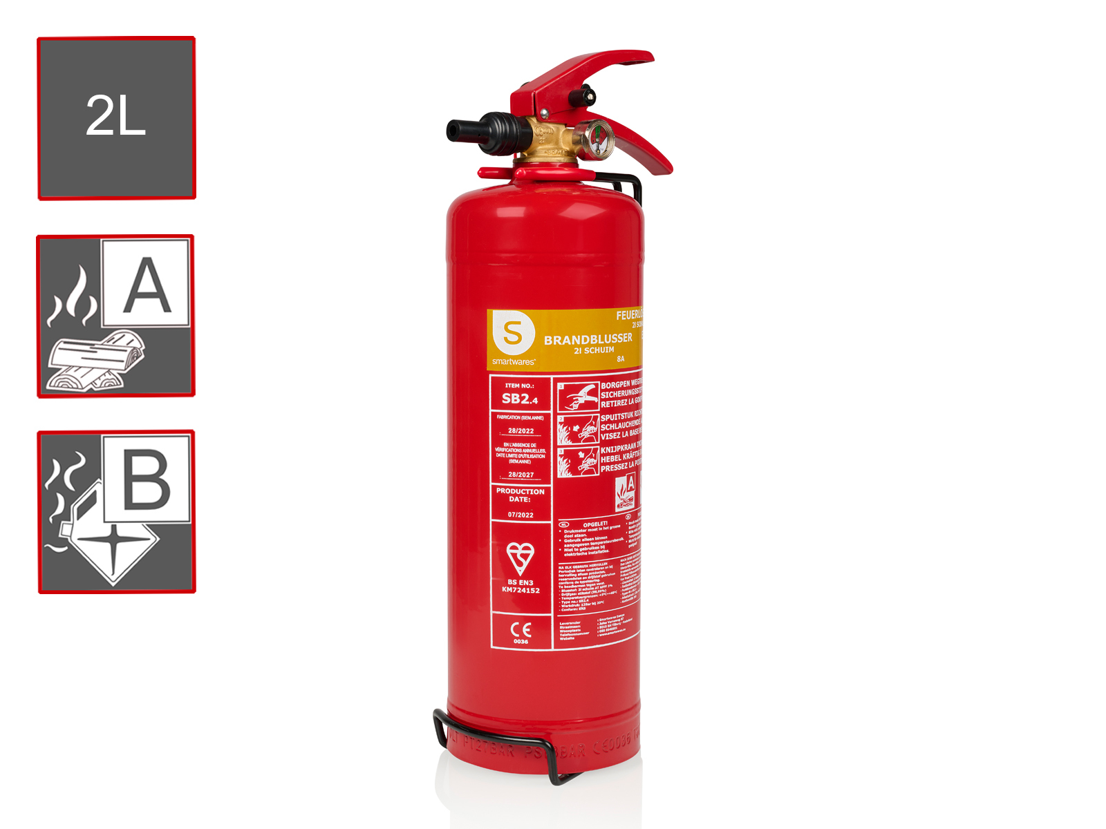 Schaumfeuerlöscher, Brandklassen A, B, Manometer, 2 Liter